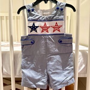 Fourth of July Star smocked embroidery appliqué John John shortalls